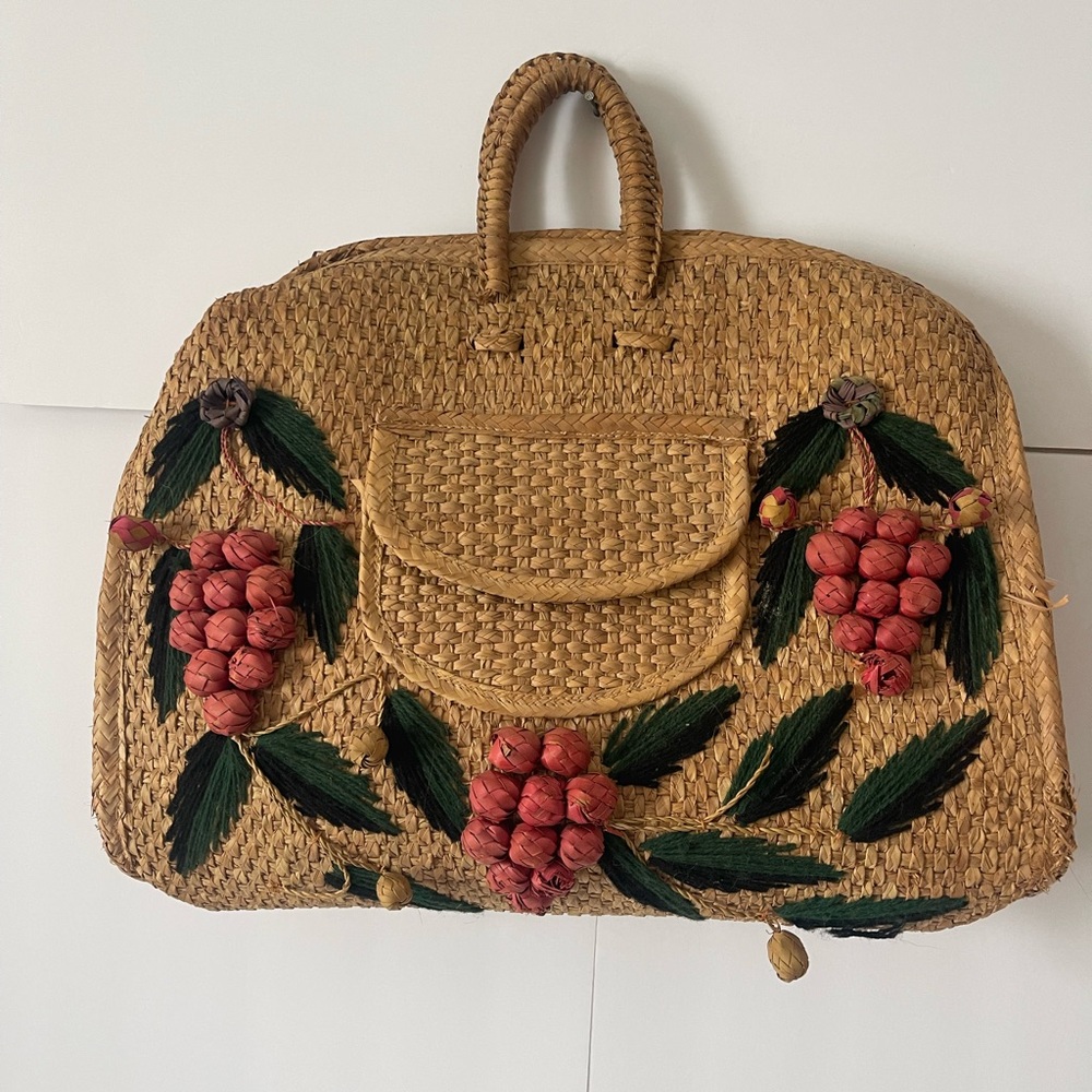 Handcrafted Straw Bag with Floral Accents Vtg